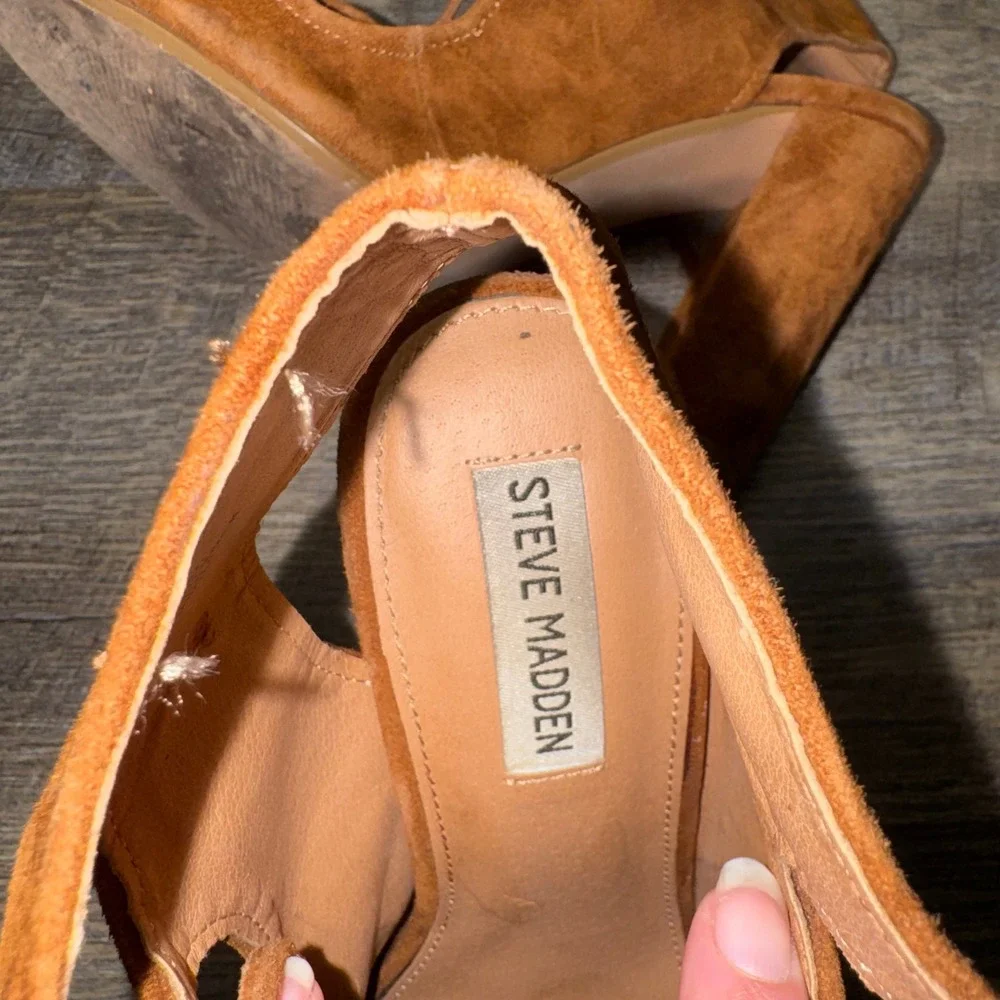 Steve Madden Aryah Cognac Brown Suede Lace Up Block Heel Sandals Womens 9M